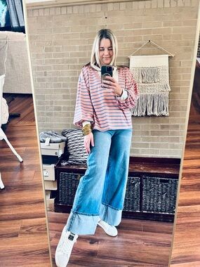 Striped V-Neck Pullover Sweater in Coral and Blue